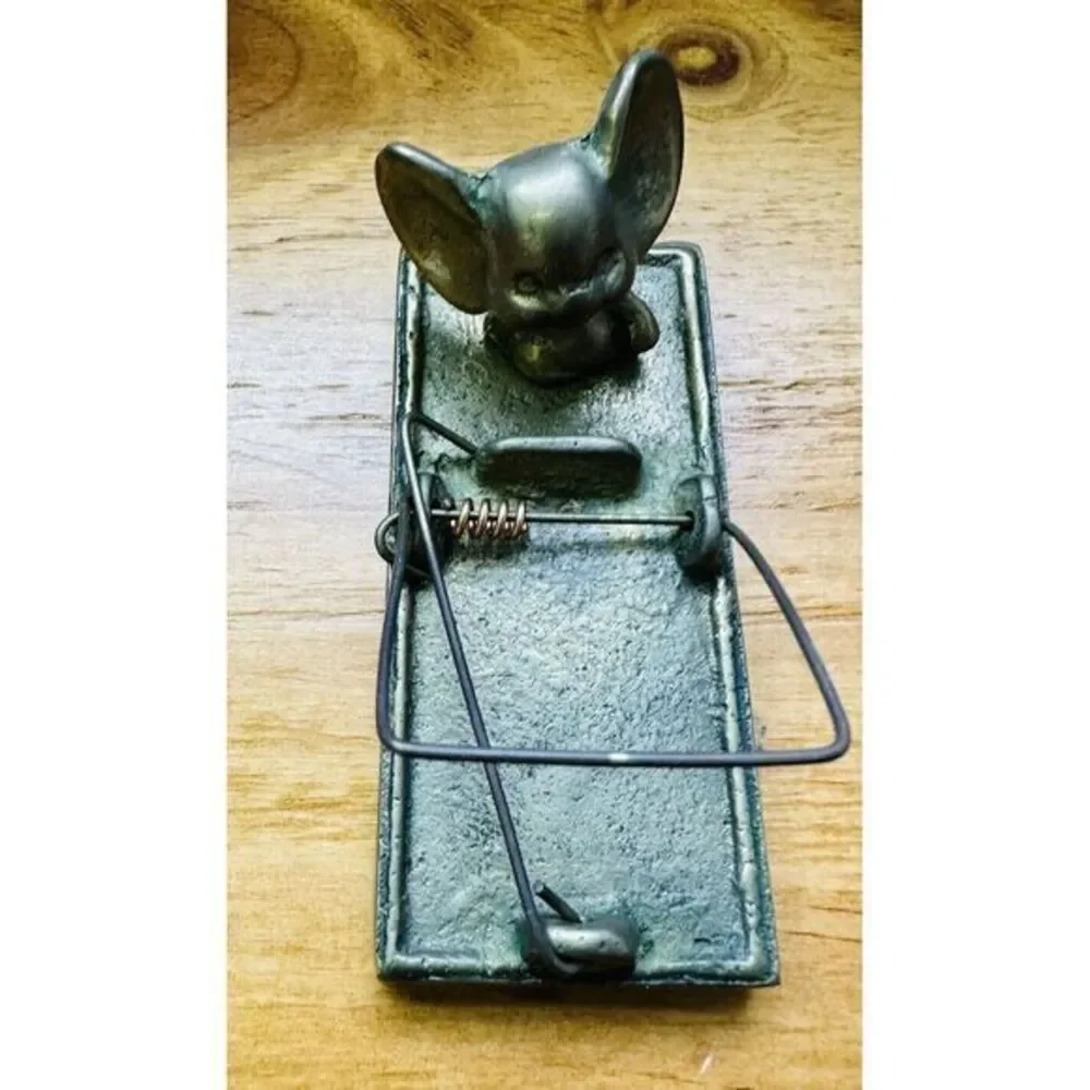 Vintage Early Enesco Brass Mouse On Trap Figurine Paper Weight‎ 3.5